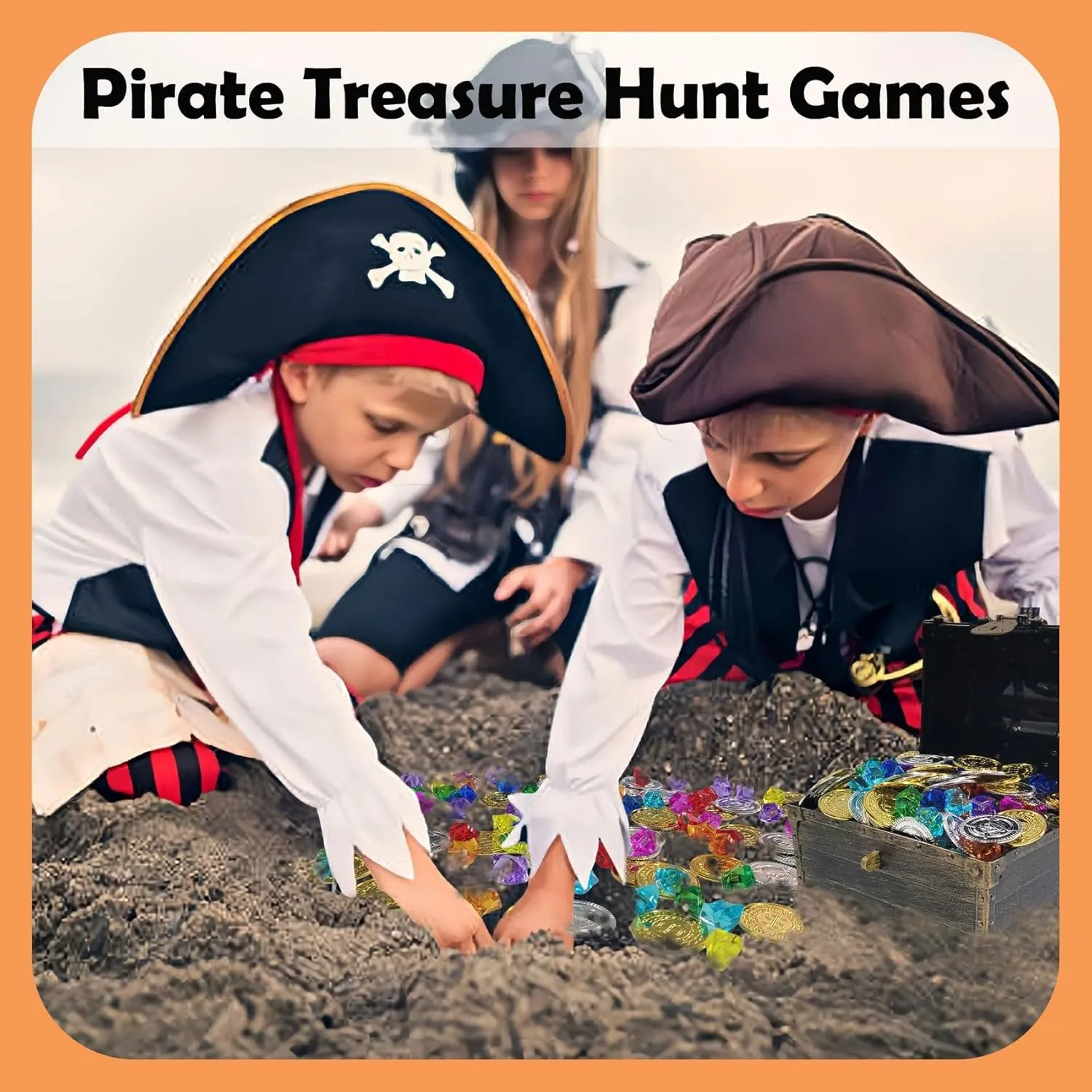 Treasure Chest for Kids Prizes,Plastic Treasure Chest with 320 Treasure Gold Coins and Gems/Jewels- Perfect for Pirate Themed Parties and Games