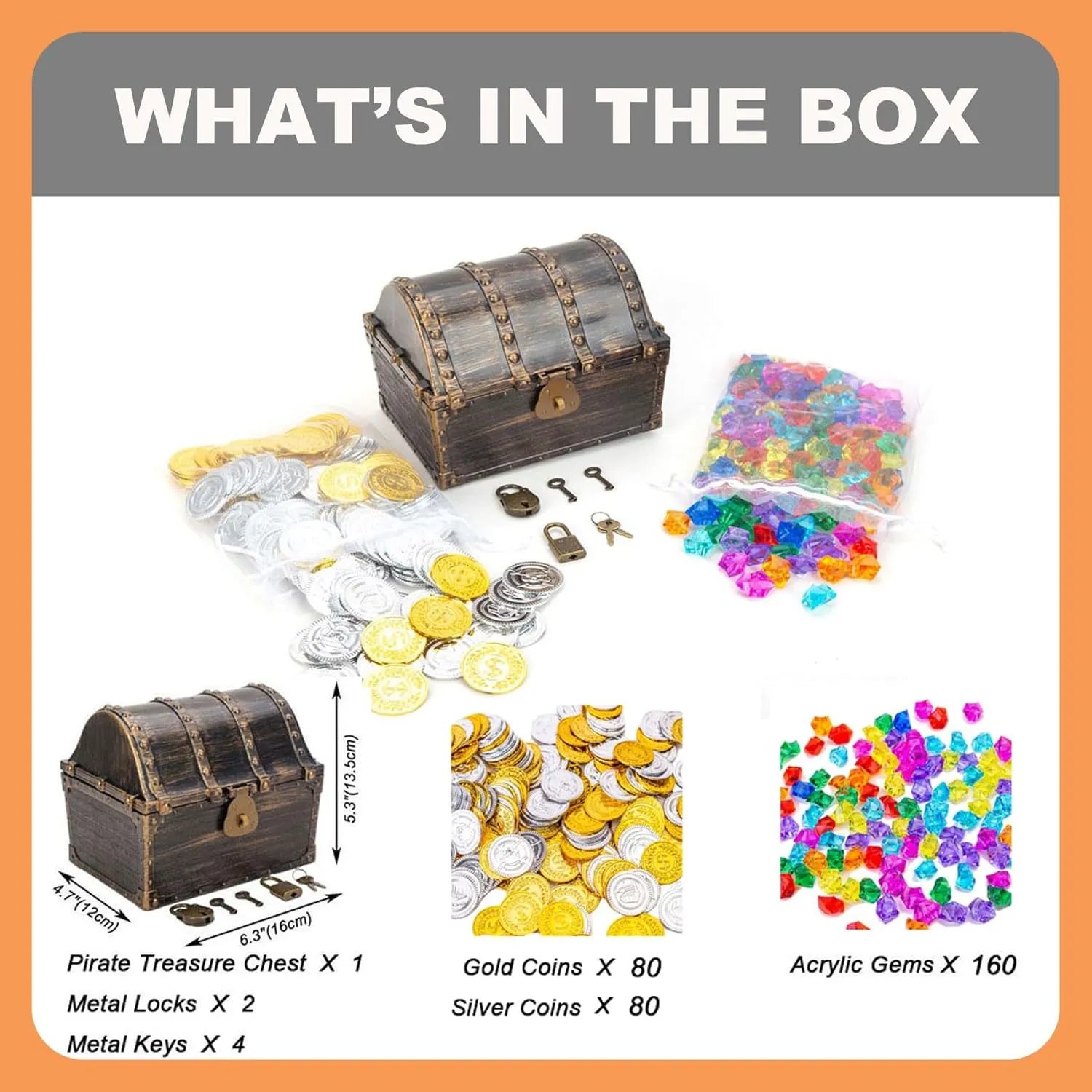 Treasure Chest for Kids Prizes,Plastic Treasure Chest with 320 Treasure Gold Coins and Gems/Jewels- Perfect for Pirate Themed Parties and Games