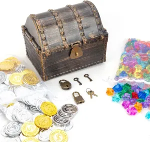 Treasure Chest for Kids Prizes,Plastic Treasure Chest with 320 Treasure Gold Coins and Gems/Jewels- Perfect for Pirate Themed Parties and Games