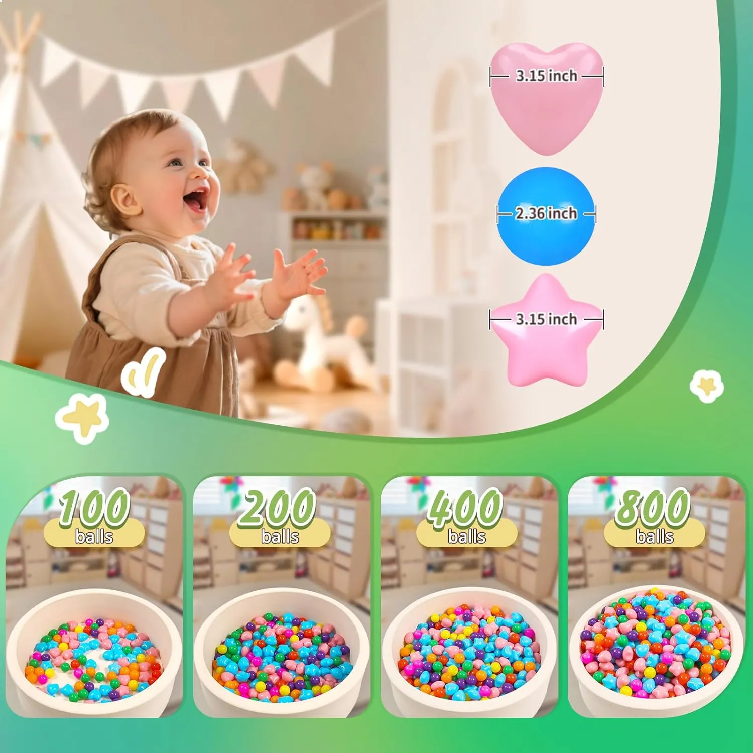 TRENDPLAY Big Star & Heart Shaped Ball Pit Balls - 100 200 Larger Plastic Balls Set, Different Shapes for Toddlers