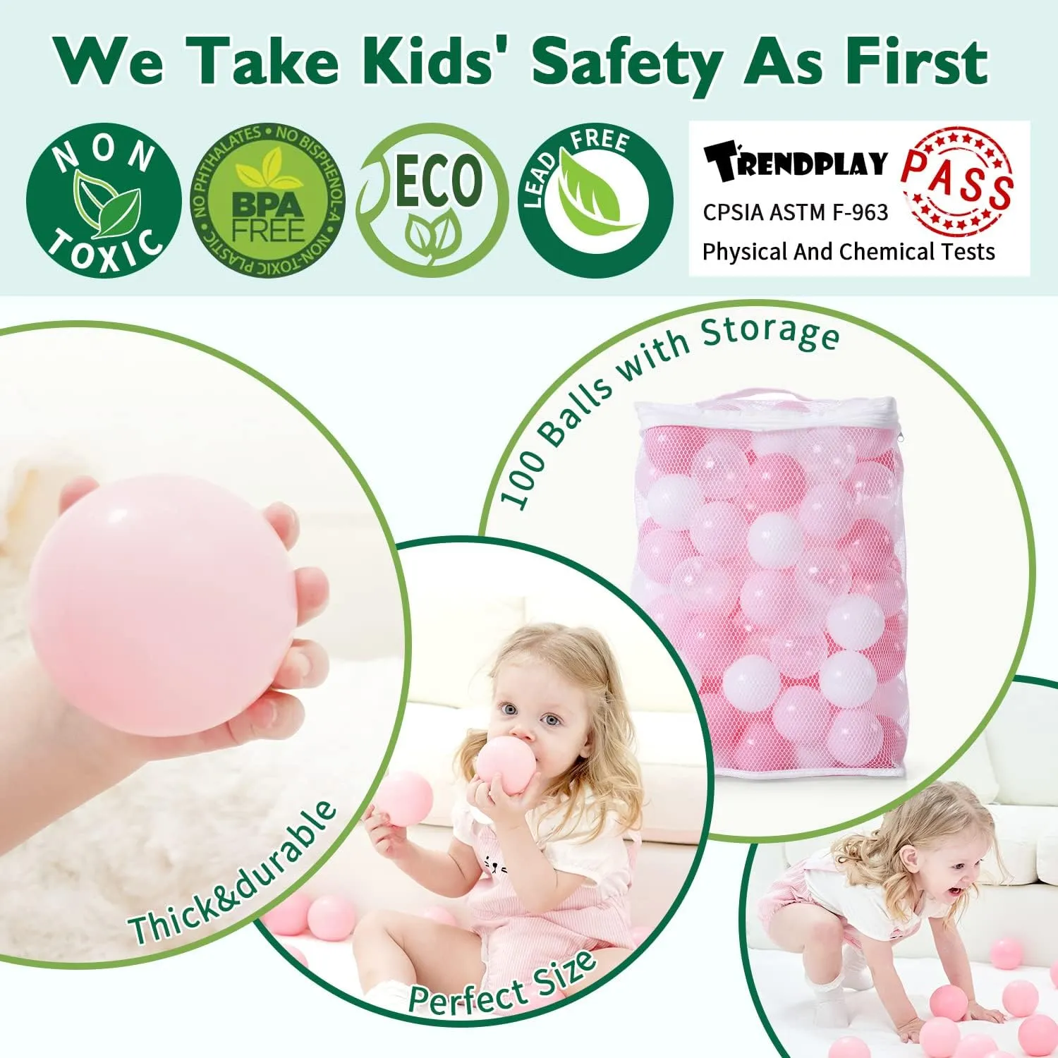 TRENDPLAY Plastic Balls for Ball Pits, Pack of 100 Hollow Balls, Perfect for Toddler Baby Pools,Party Decoration, 2.2 Inch 2.4 Inch 2.75 Inch