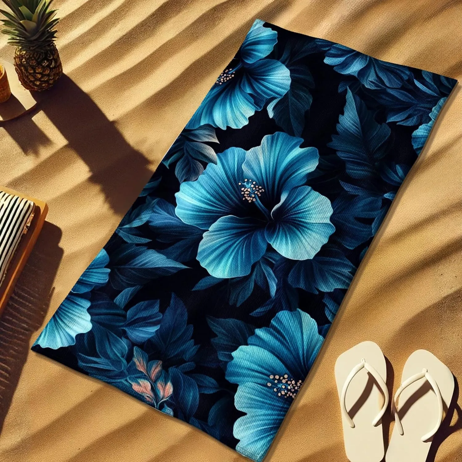 Tropical Floral Microfiber Beach Towel Blue Hibiscus Patterns, Quick Dry Absorbent Soft Sand Free Lightweight Beach Blanket, Vacation Picnic Pool Gym Essentials 70x35 Inch