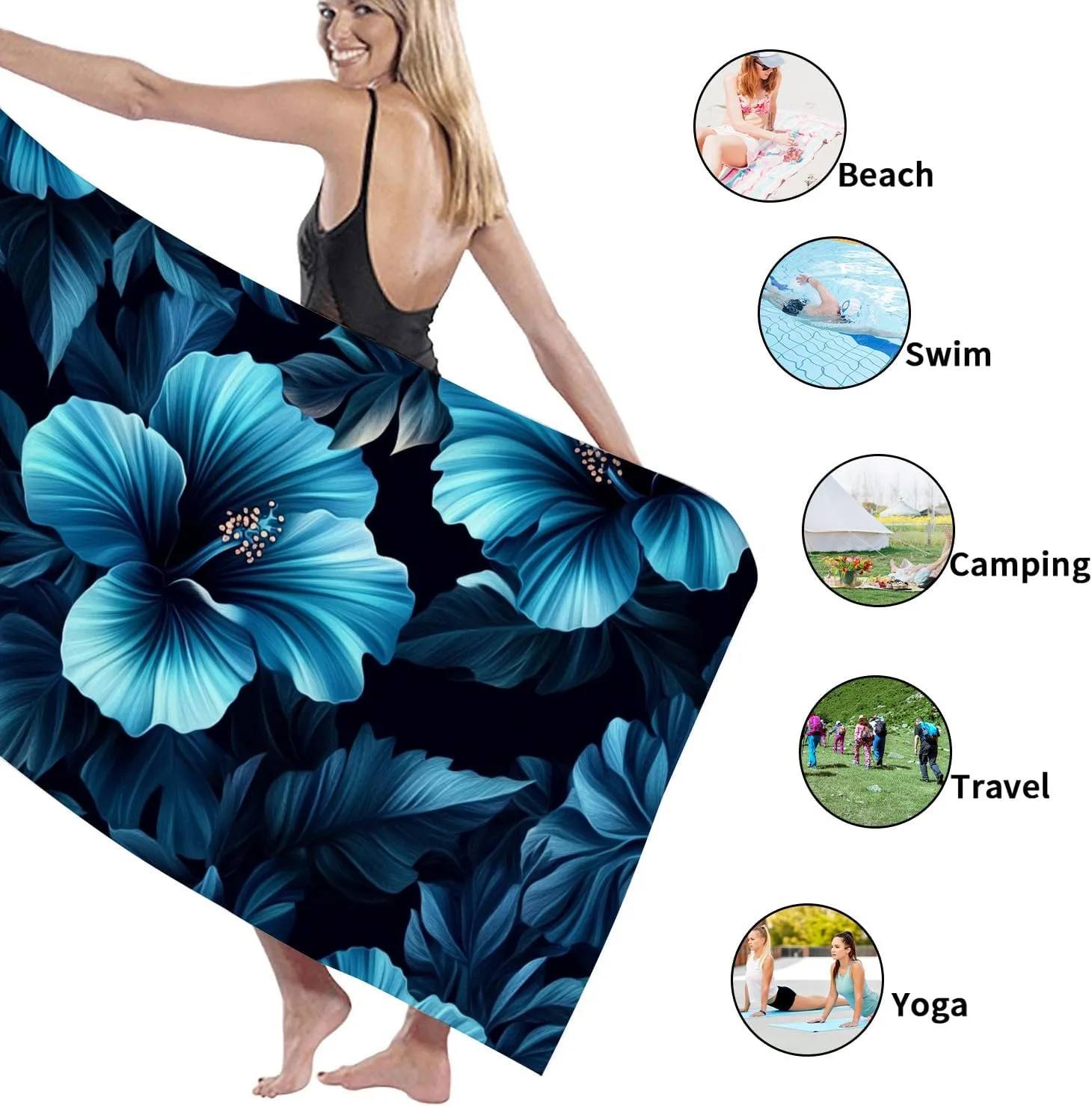 Tropical Floral Microfiber Beach Towel Blue Hibiscus Patterns, Quick Dry Absorbent Soft Sand Free Lightweight Beach Blanket, Vacation Picnic Pool Gym Essentials 70x35 Inch