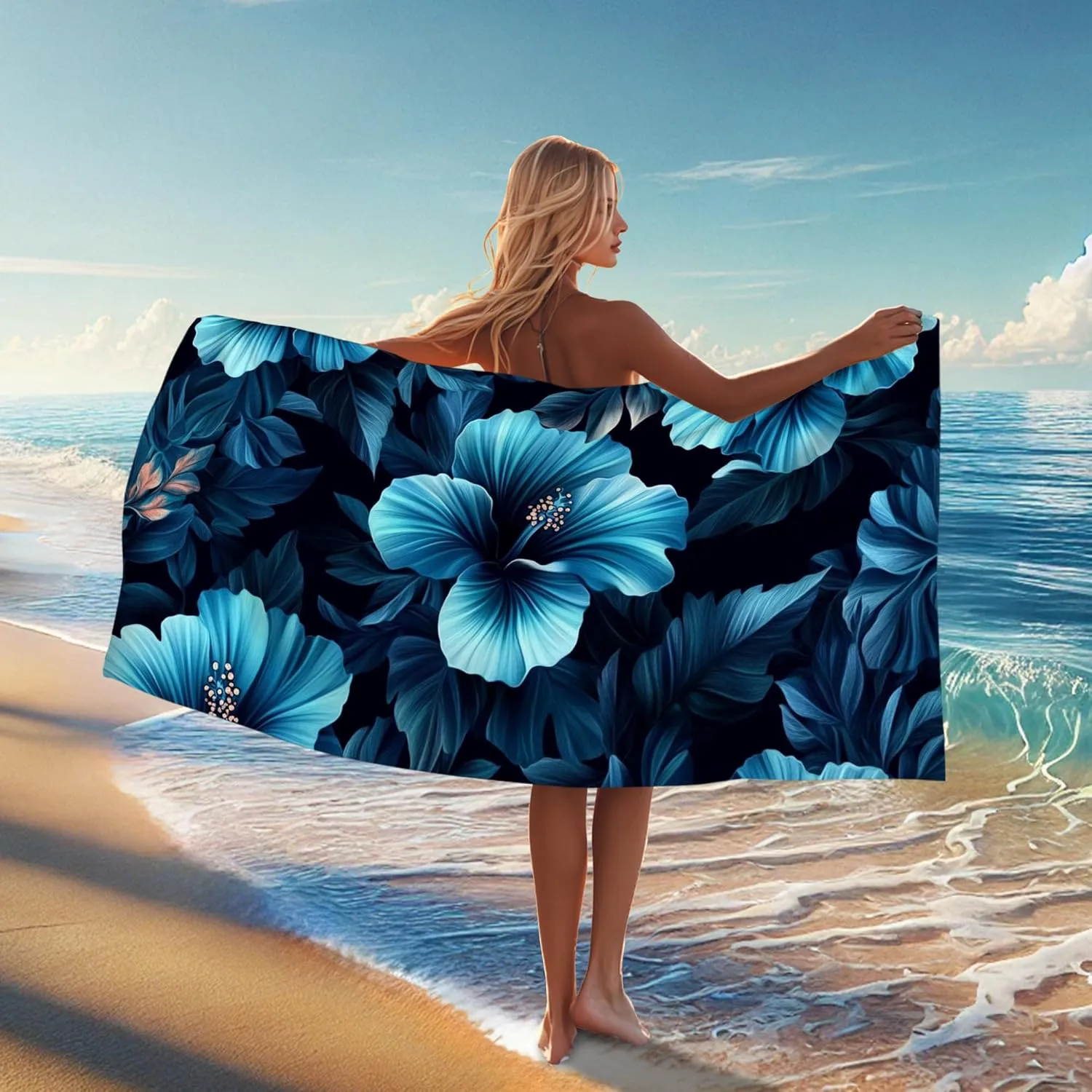 Tropical Floral Microfiber Beach Towel Blue Hibiscus Patterns, Quick Dry Absorbent Soft Sand Free Lightweight Beach Blanket, Vacation Picnic Pool Gym Essentials 70x35 Inch