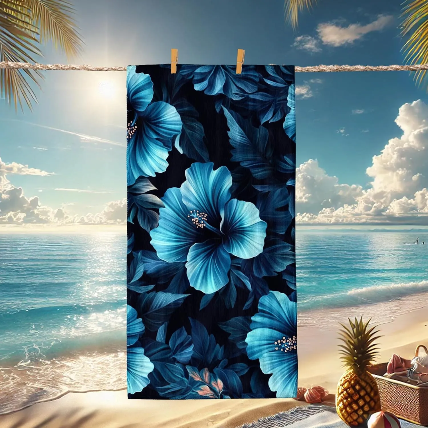Tropical Floral Microfiber Beach Towel Blue Hibiscus Patterns, Quick Dry Absorbent Soft Sand Free Lightweight Beach Blanket, Vacation Picnic Pool Gym Essentials 70x35 Inch