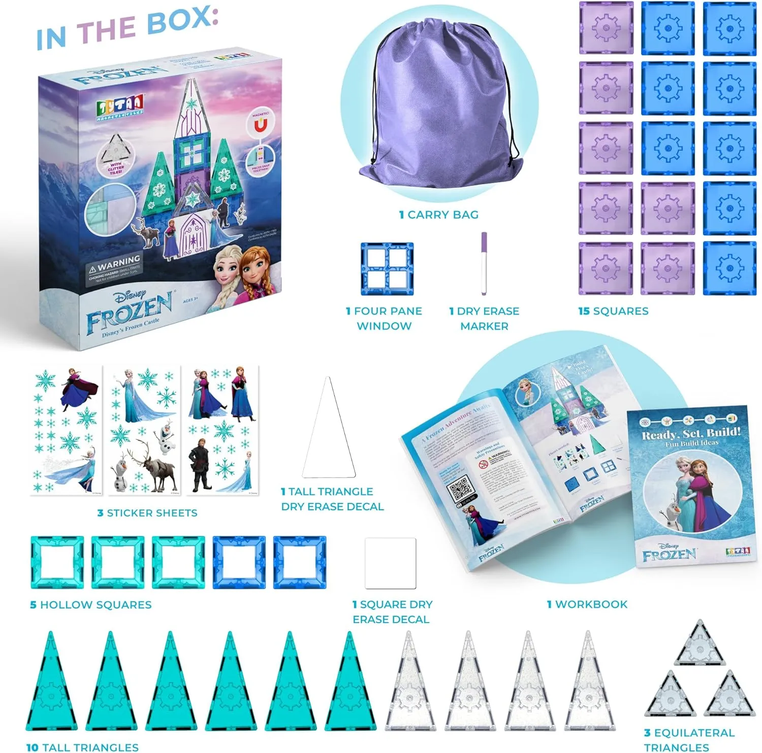 Tytan Official Disney Frozen Magnetic Tile Set – 41-Piece STEAM Toy with Glitter Tiles, Reusable Stickers & Elsa, Anna & Olaf – Educational Building Set for Kids Ages 3 Toys