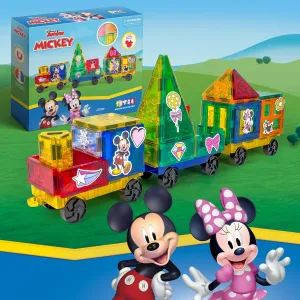 Tytan Official Disney Junior Mickey Mouse Train Magnetic Tile Set – 41-Piece STEAM Toy Featuring Wheeled Bases, Reusable Disney Stickers & Activity Workbook Toys