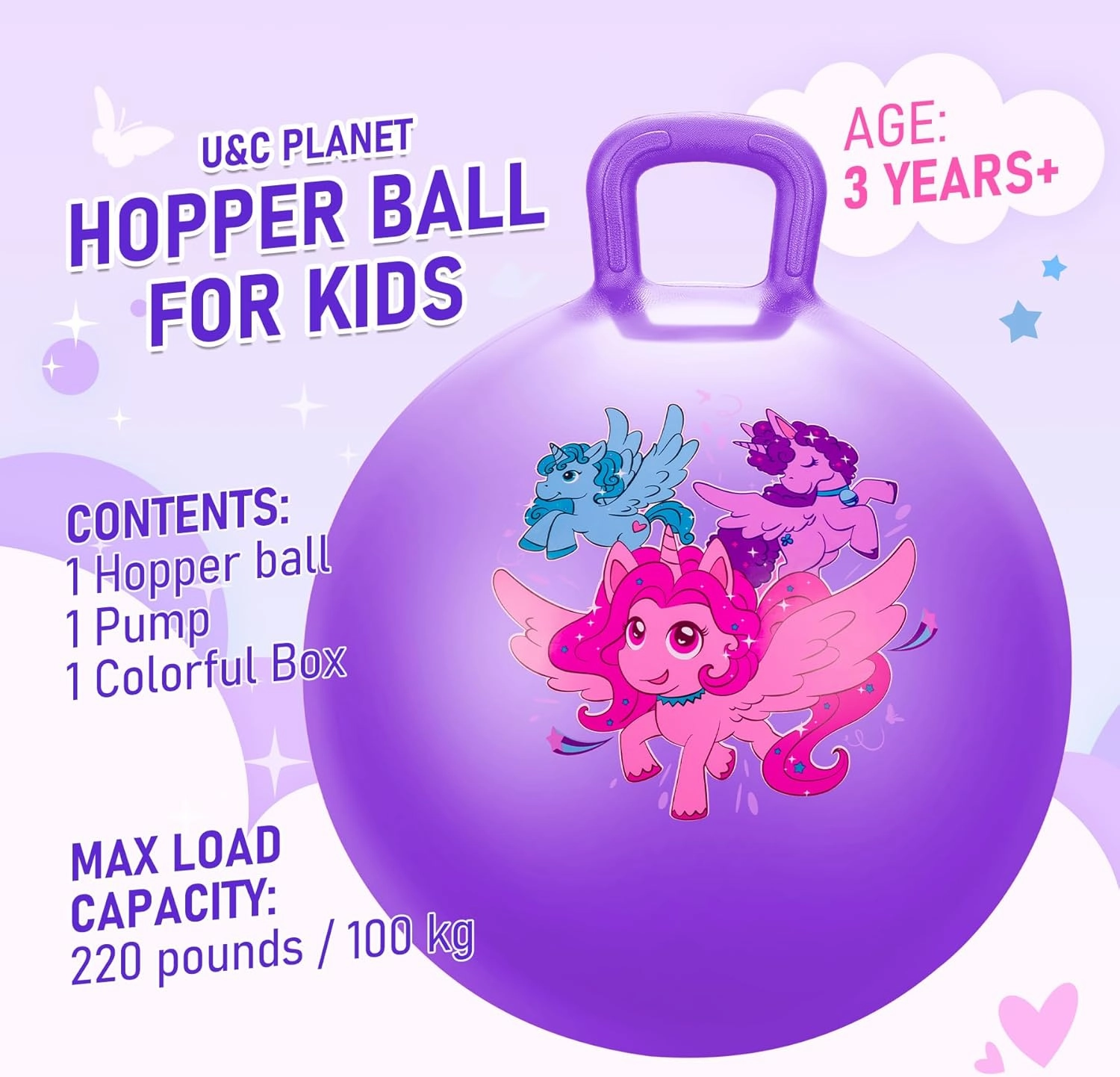 U&C Planet Hopper Ball 18 inches Bouncy Ball with Handle for Kids Age 3-6 Hoppity Hop Sit and Bounce Jumping Hopping Toy with Pump and Gift Box Great Gift for Birthday Christmas, Purple