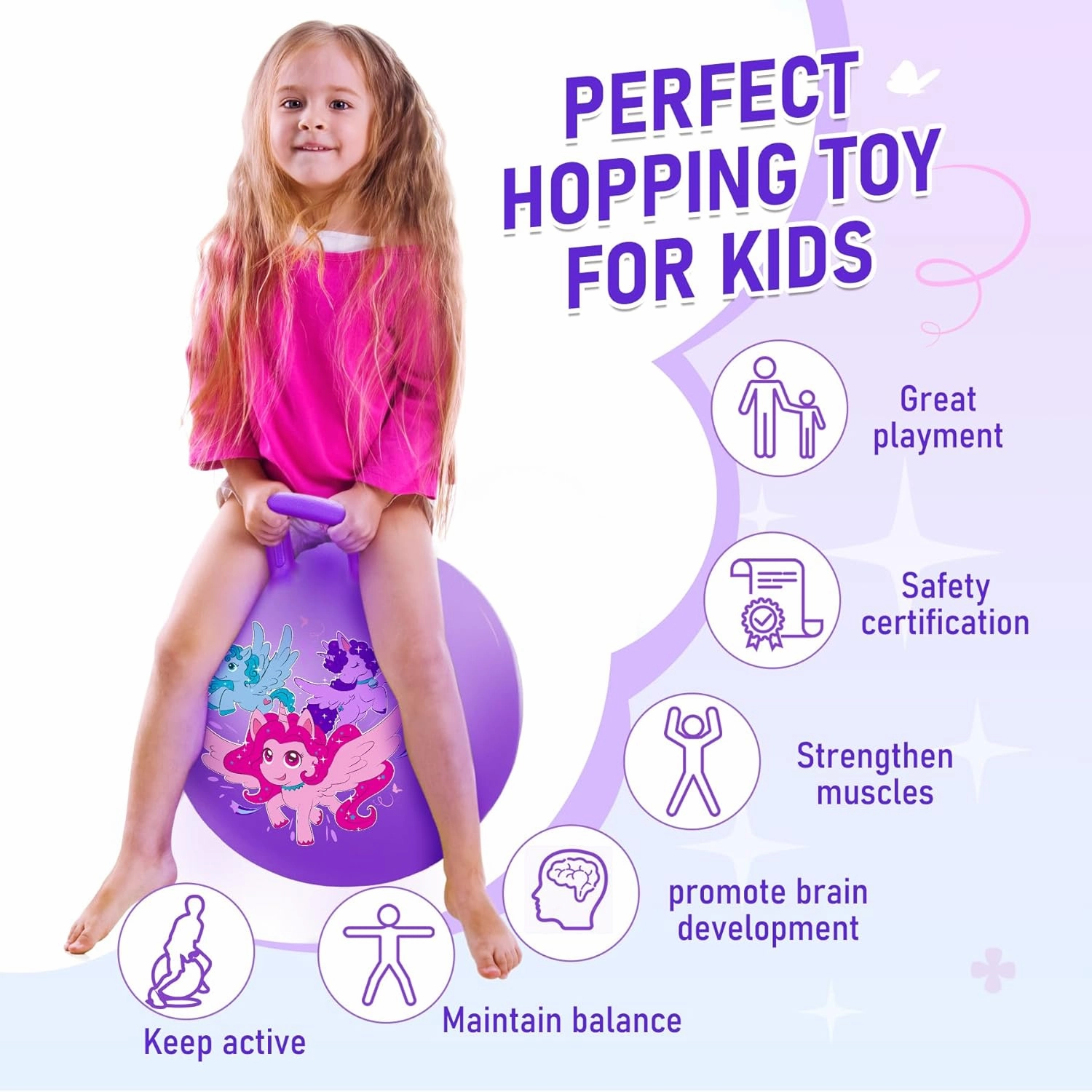 U&C Planet Hopper Ball 18 inches Bouncy Ball with Handle for Kids Age 3-6 Hoppity Hop Sit and Bounce Jumping Hopping Toy with Pump and Gift Box Great Gift for Birthday Christmas, Purple
