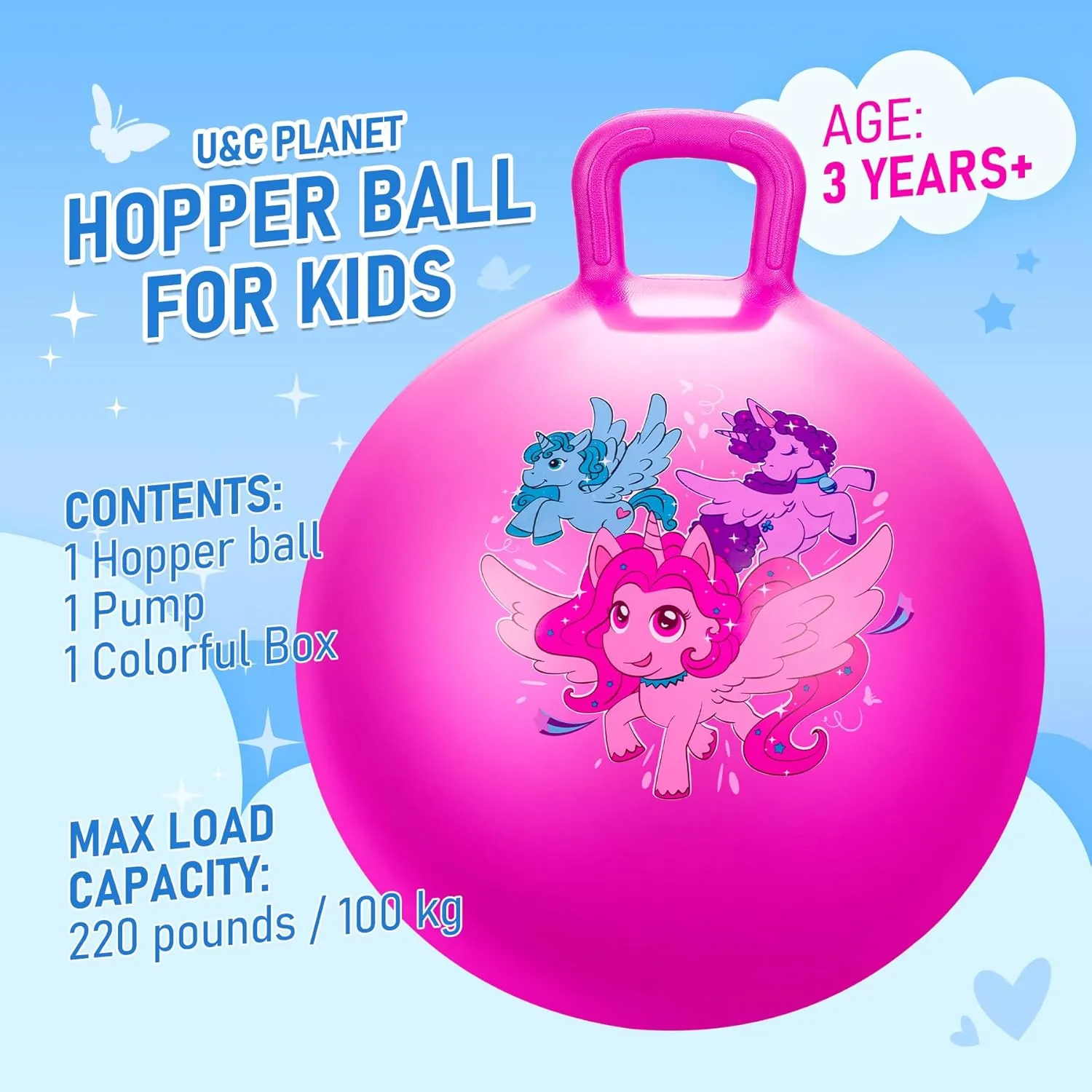 U&C Planet Hopper Ball 18 inches Bouncy Ball with Handle for Kids Age 3-6 Hoppity Hop Sit and Bounce Jumping Hopping Toy with Pump and Gift Box Great Gift for Birthday Christmas, Pink