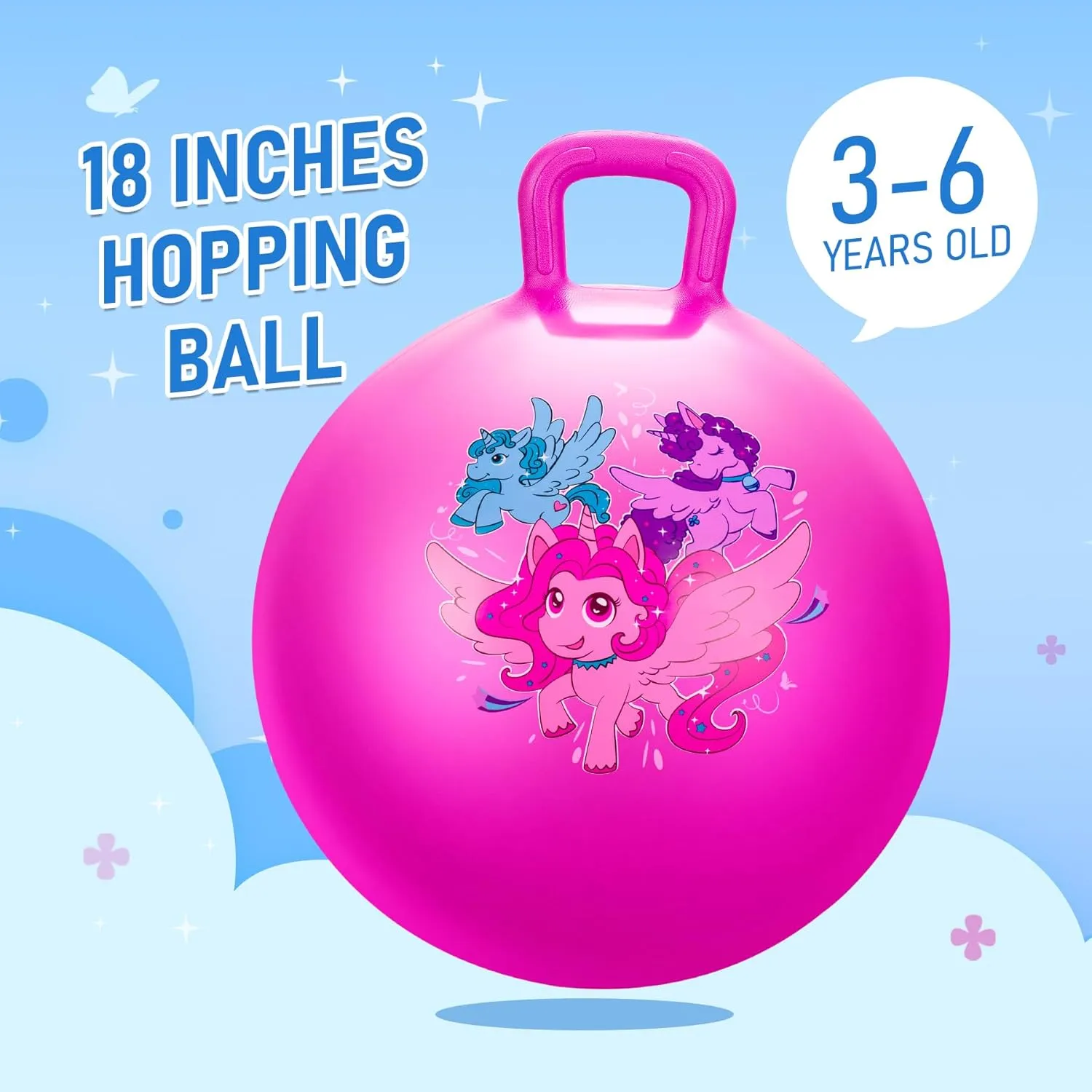 U&C Planet Hopper Ball 18 inches Bouncy Ball with Handle for Kids Age 3-6 Hoppity Hop Sit and Bounce Jumping Hopping Toy with Pump and Gift Box Great Gift for Birthday Christmas, Pink