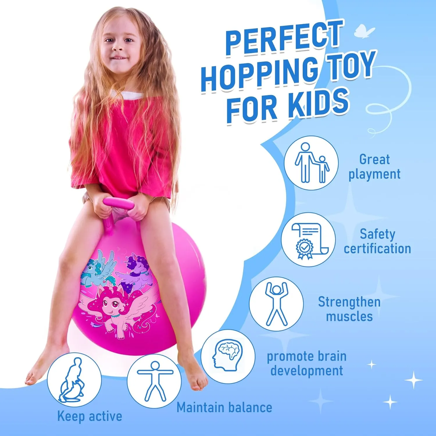 U&C Planet Hopper Ball 18 inches Bouncy Ball with Handle for Kids Age 3-6 Hoppity Hop Sit and Bounce Jumping Hopping Toy with Pump and Gift Box Great Gift for Birthday Christmas, Pink