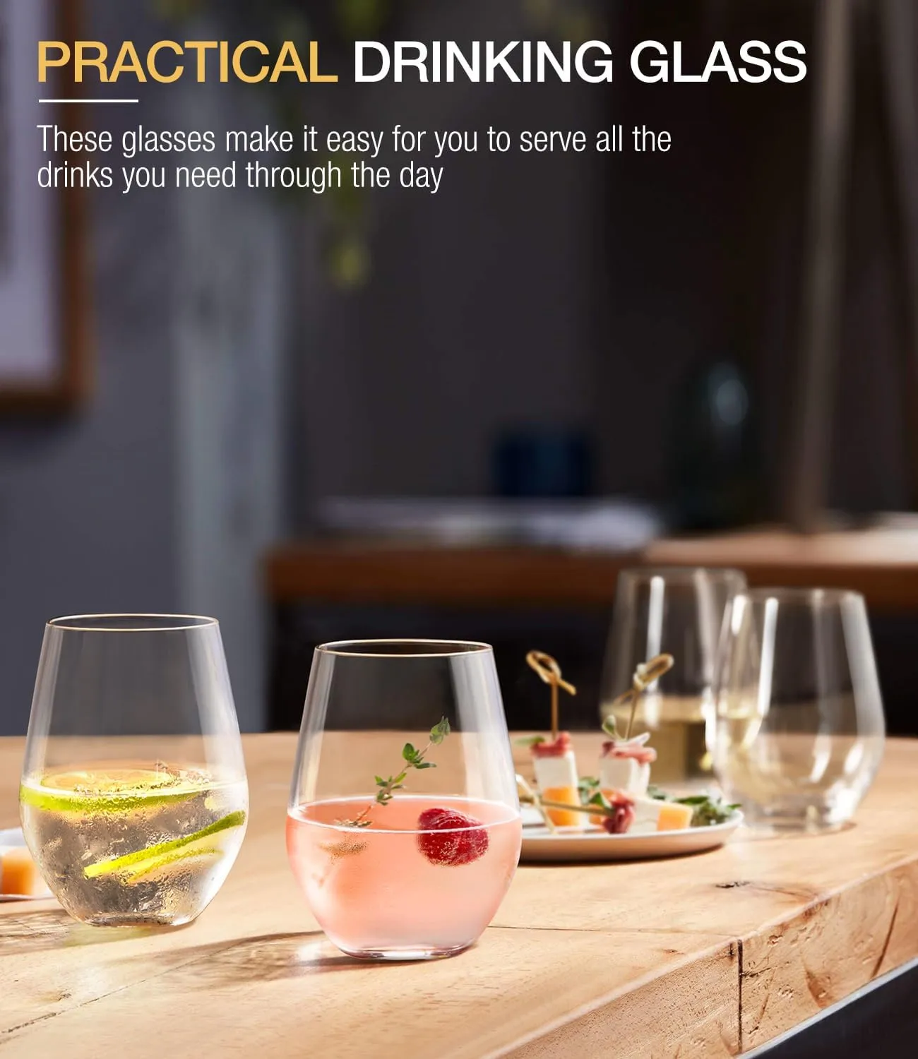 Unbreakable Plastic Stemless Wine Glasses Set of 6, Tritan Plastic Wine Glass BPA Free, Reusable Drinking Glassware for Outdoor Use, Poolside, Party, Camp, 16 OZ Clear