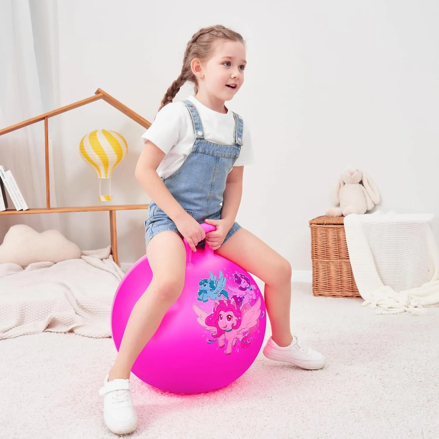 Unicorn Hopper Ball, 18 Inch Bouncy Ball with Handle for Kids Aged 3-8, Inflatable Jumping Toys for Boys Girls, Pink Hopping Toys with Pump