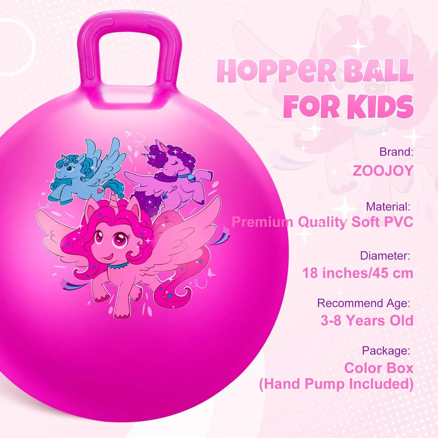 Unicorn Hopper Ball, 18 Inch Bouncy Ball with Handle for Kids Aged 3-8, Inflatable Jumping Toys for Boys Girls, Pink Hopping Toys with Pump