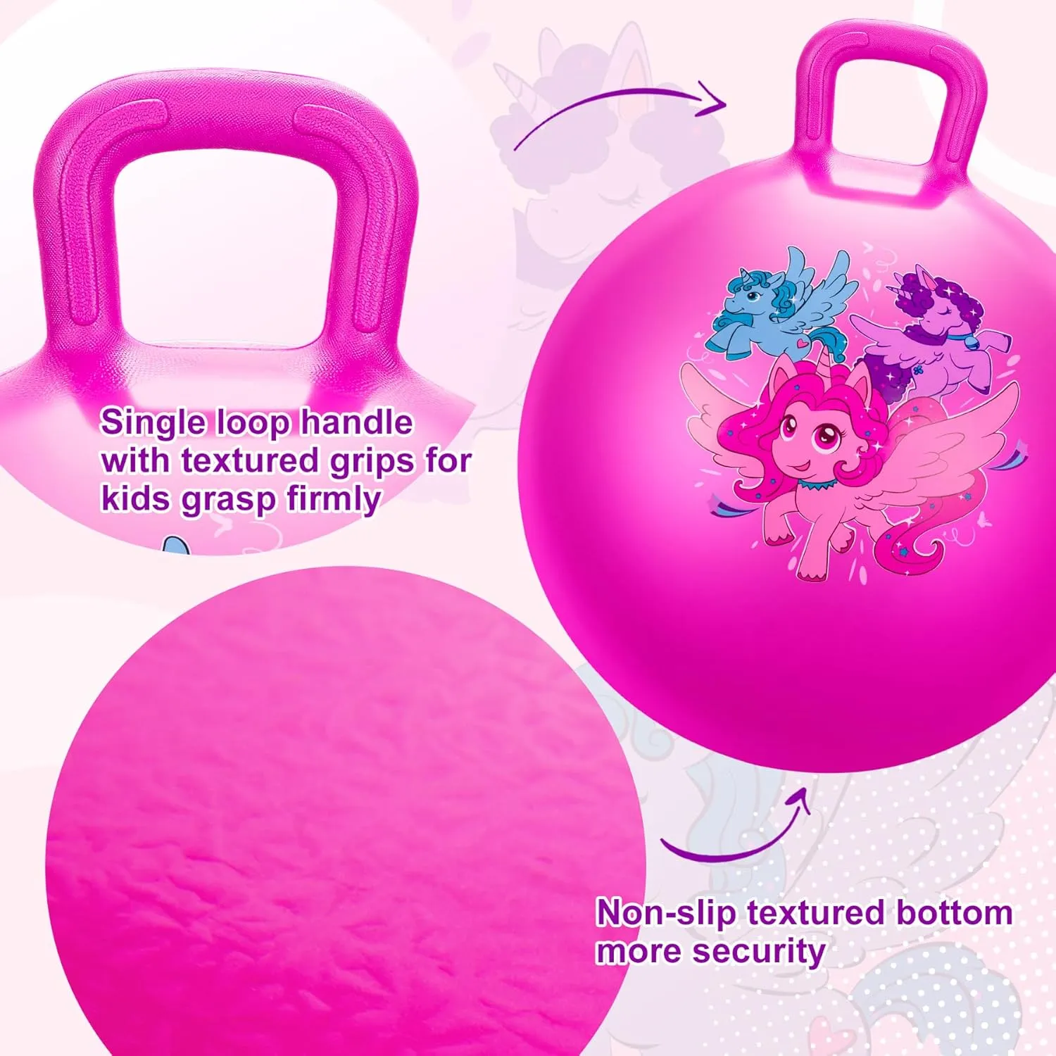 Unicorn Hopper Ball, 18 Inch Bouncy Ball with Handle for Kids Aged 3-8, Inflatable Jumping Toys for Boys Girls, Pink Hopping Toys with Pump