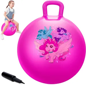 Unicorn Hopper Ball, 18 Inch Bouncy Ball with Handle for Kids Aged 3-8, Inflatable Jumping Toys for Boys Girls, Pink Hopping Toys with Pump