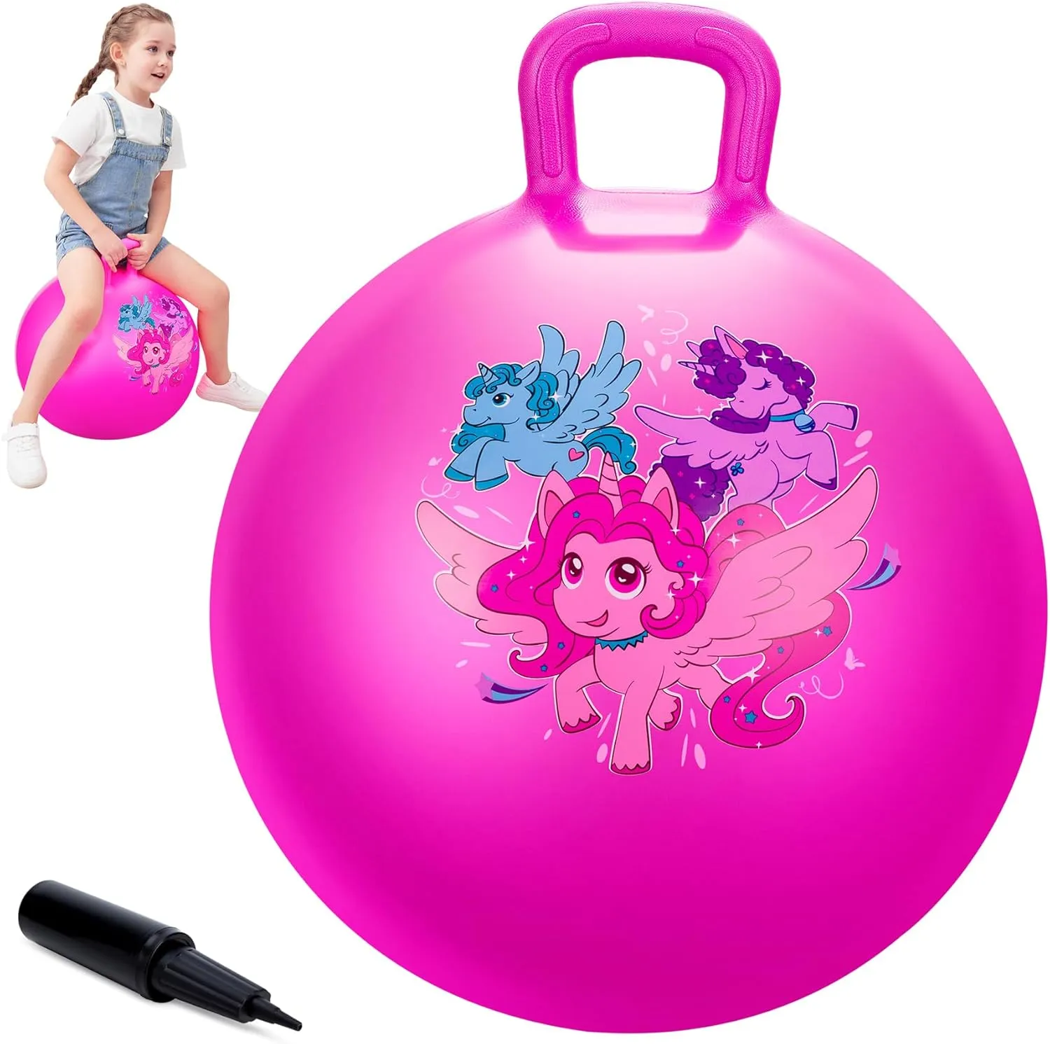 Unicorn Hopper Ball, 18 Inch Bouncy Ball with Handle for Kids Aged 3-8, Inflatable Jumping Toys for Boys Girls, Pink Hopping Toys with Pump