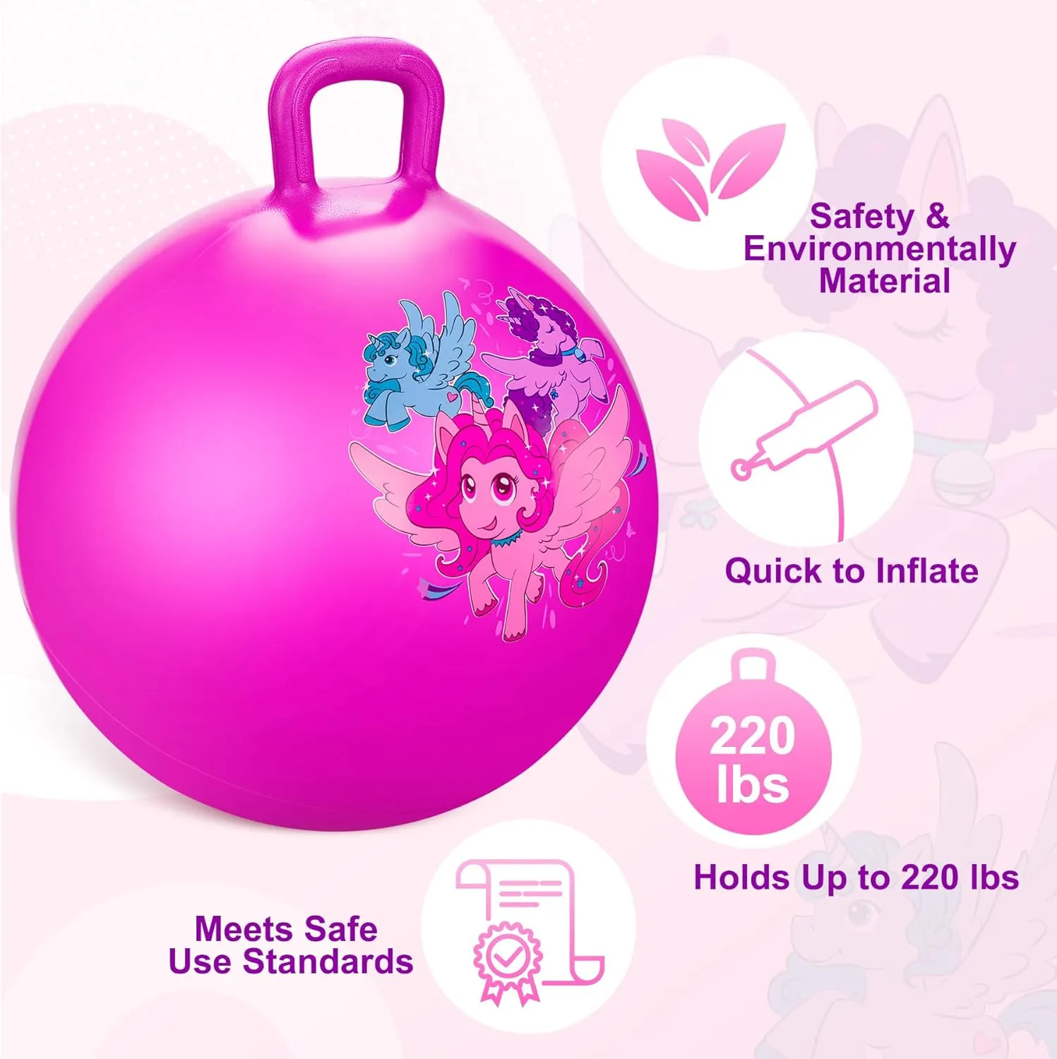 Unicorn Hopper Ball, 18 Inch Bouncy Ball with Handle for Kids Aged 3-8, Inflatable Jumping Toys for Boys Girls, Pink Hopping Toys with Pump