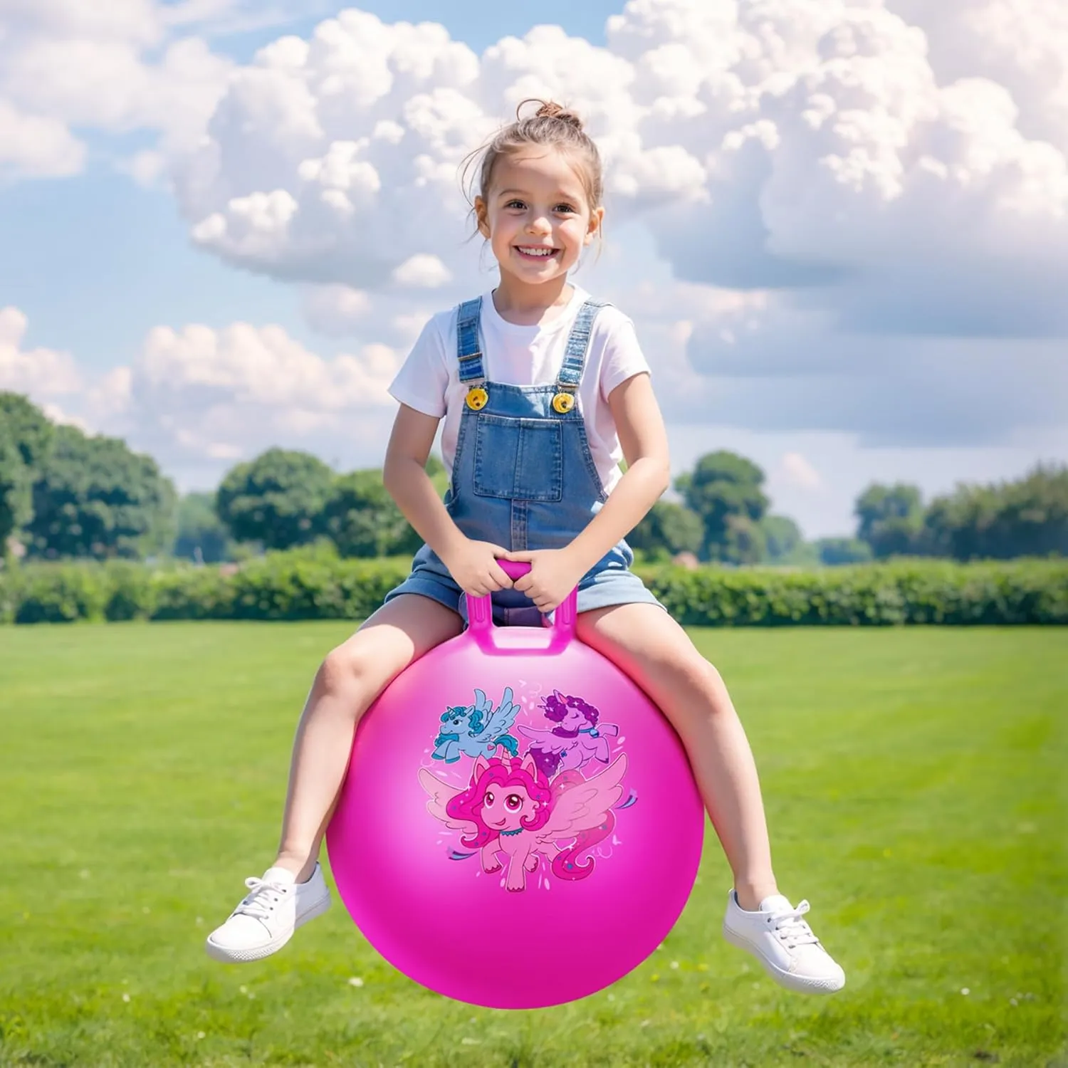 Unicorn Hopper Ball, 18 Inch Bouncy Ball with Handle for Kids Aged 3-8, Inflatable Jumping Toys for Boys Girls, Pink Hopping Toys with Pump