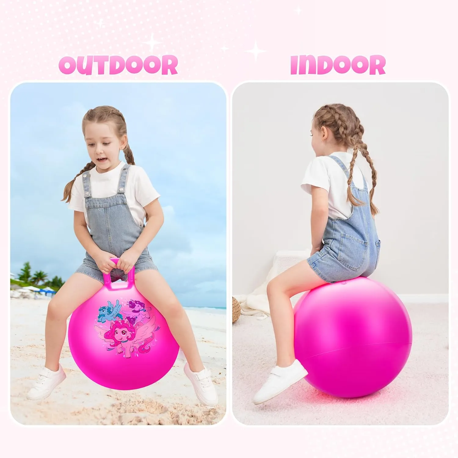 Unicorn Hopper Ball, 18 Inch Bouncy Ball with Handle for Kids Aged 3-8, Inflatable Jumping Toys for Boys Girls, Pink Hopping Toys with Pump