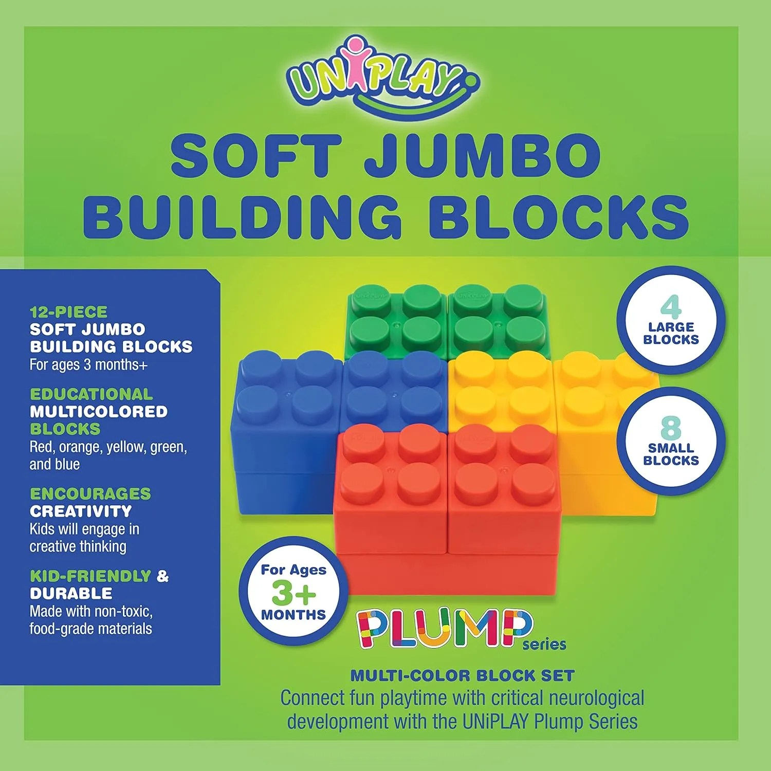 UNiPLAY Plump Soft Building Blocks - 12-Piece Jumbo Stacking Multicolor Set for Early Cognitive Development and Creative Play - Ages 3 Months 