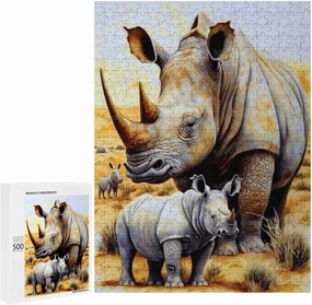 Unique Wooden Jigsaw Puzzles - Grassland Rhinoceros, 500 Pieces Colorful Artwork Jigsaw Puzzle for Adults, Fun and Challenging Brain Exercise for Puzzle Enthusiasts - Ideal Gift