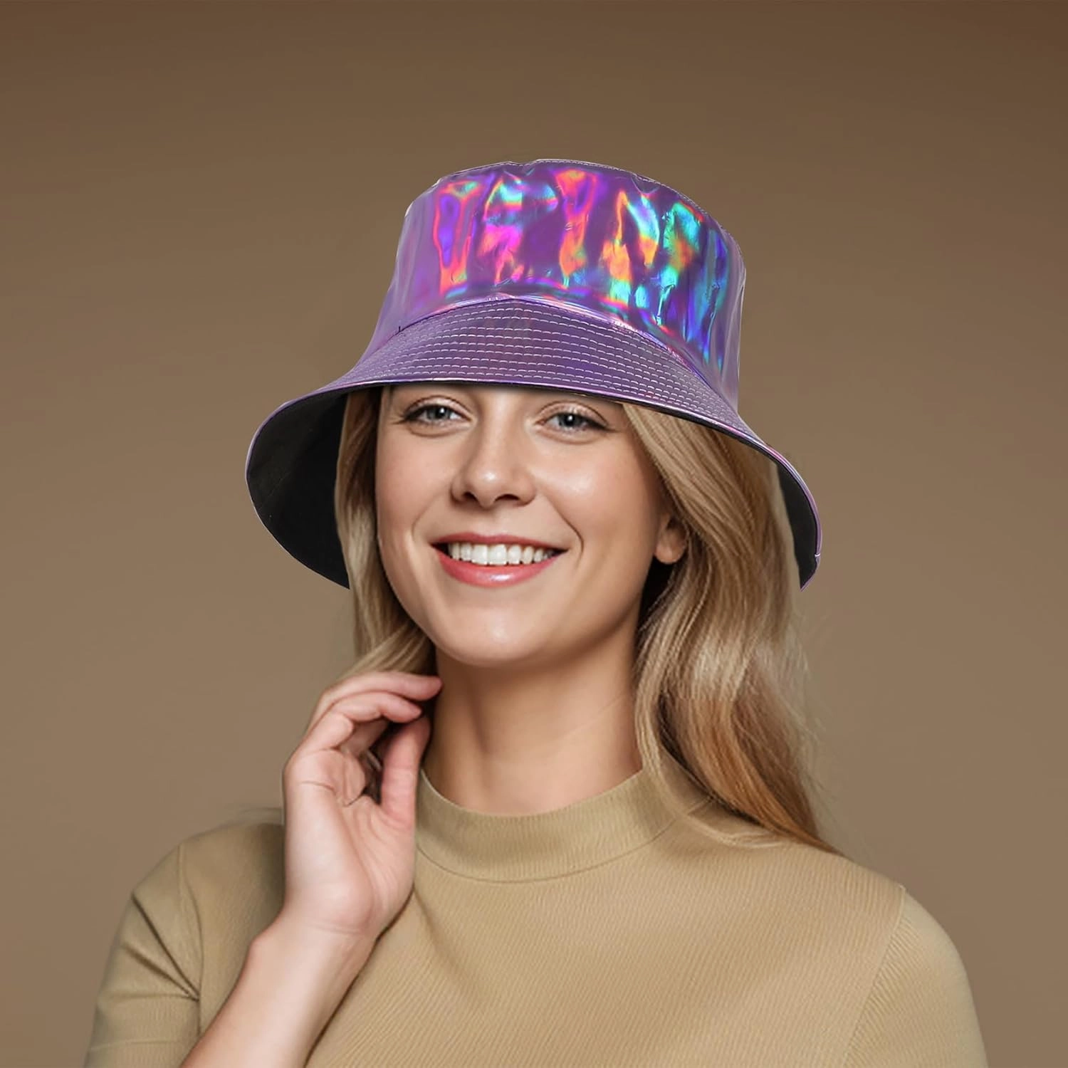 Unisex Black Bucket Hat Waterproof Rain Hat Reversible Shiny Rave Bucket Hat for Concert Festival