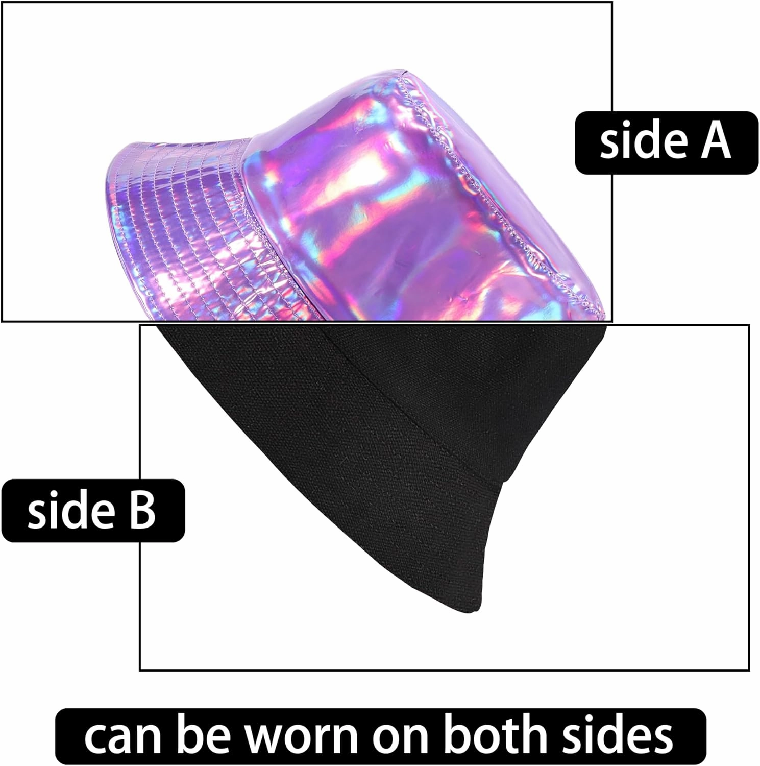Unisex Black Bucket Hat Waterproof Rain Hat Reversible Shiny Rave Bucket Hat for Concert Festival