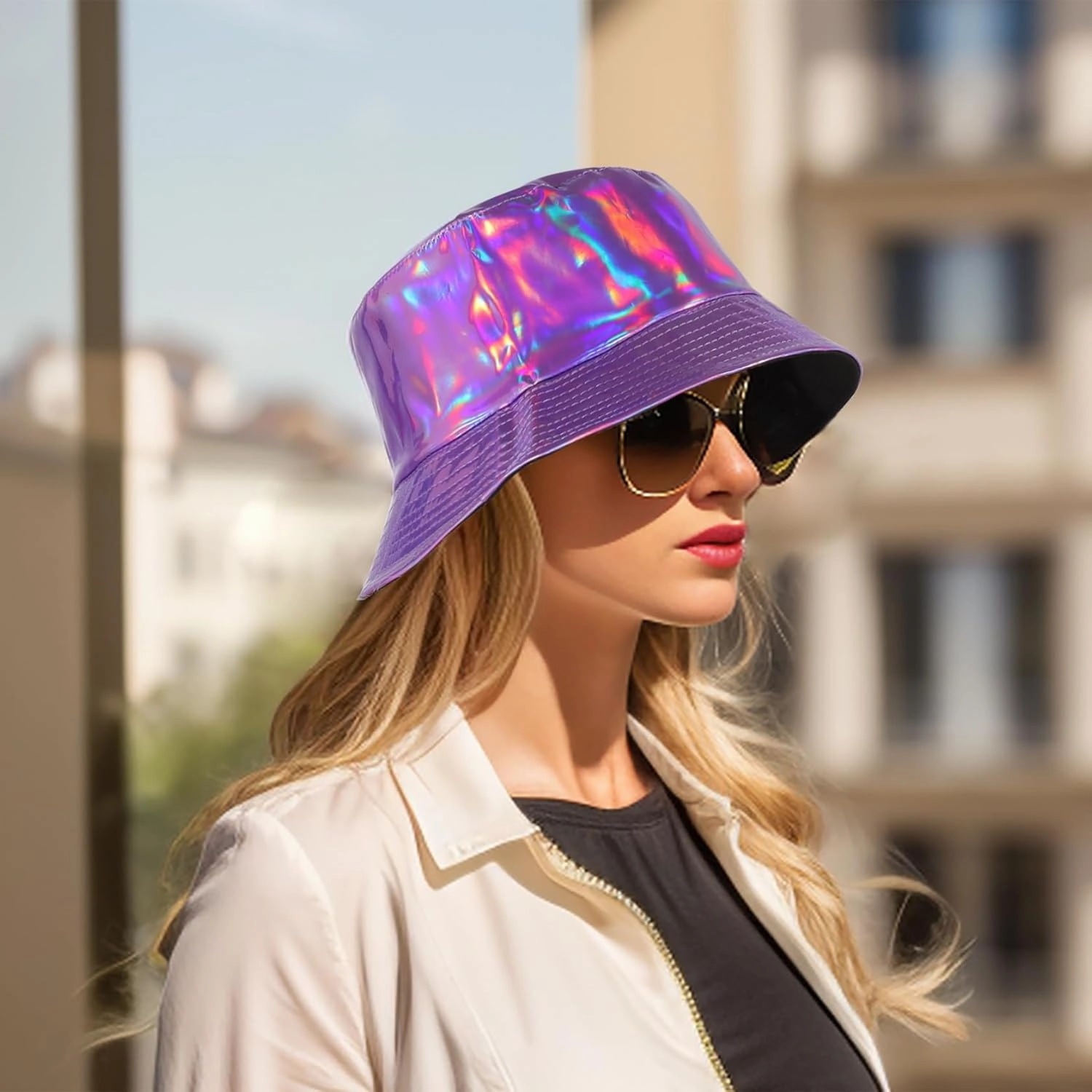 Unisex Black Bucket Hat Waterproof Rain Hat Reversible Shiny Rave Bucket Hat for Concert Festival