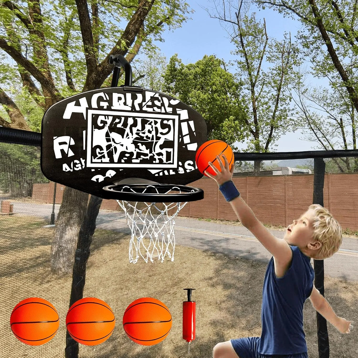 Universal Adjustable Trampoline Basketball Hoop Set, with 3 Mini Balls and Air Pump, Fits All Trampoline Models, Trampoline Accessories of All Ages, Height and Angle Adjustable