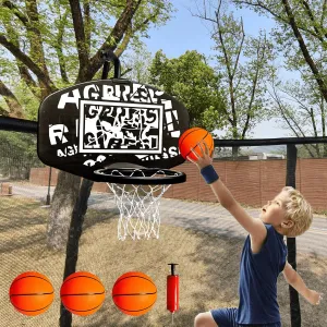 Universal Adjustable Trampoline Basketball Hoop Set, with 3 Mini Balls and Air Pump, Fits All Trampoline Models, Trampoline Accessories of All Ages, Height and Angle Adjustable