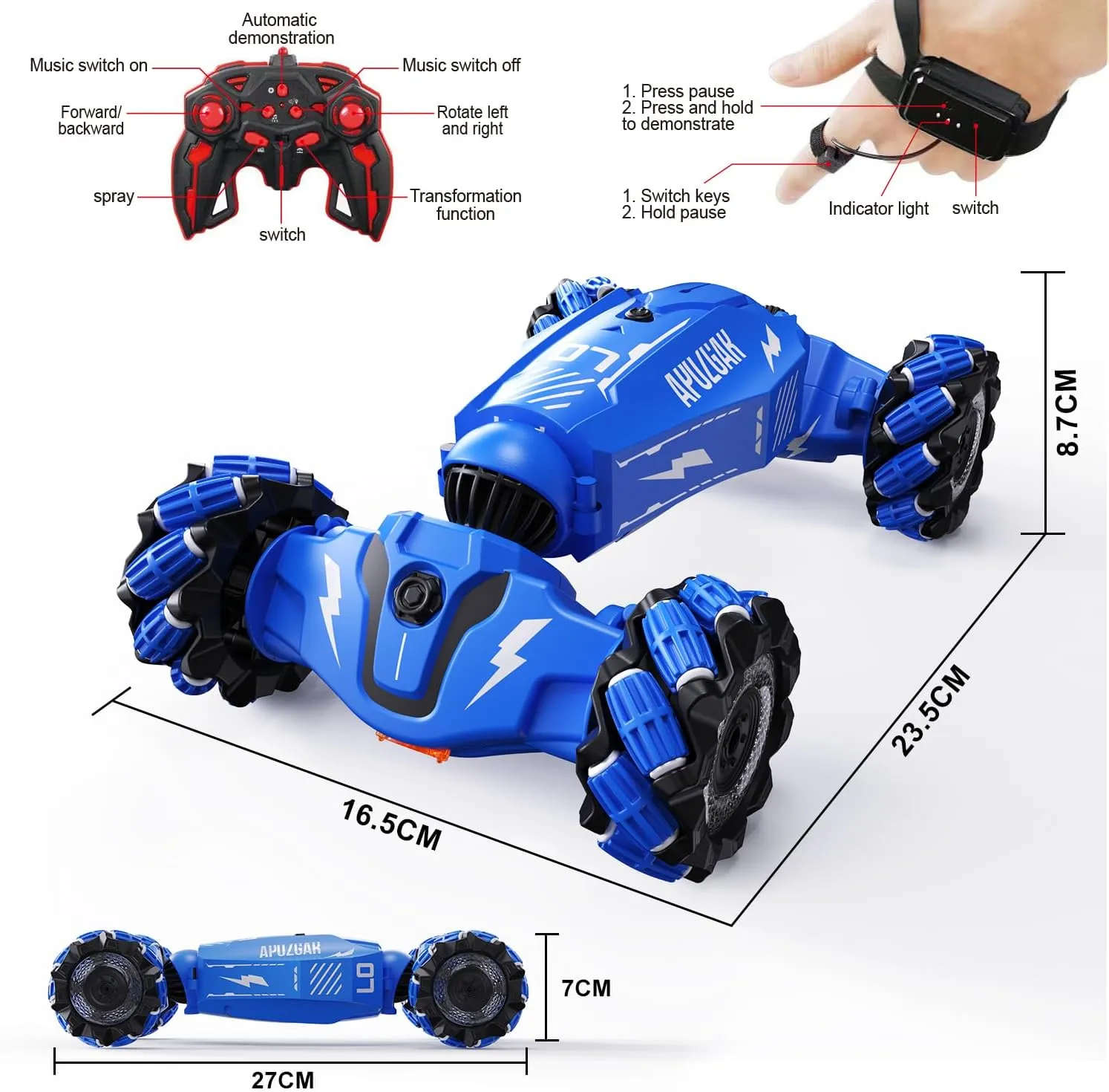 Upgraded Hand Gesture Sensing RC Stunt Car with Lights Music, Spray Drift Gesture RC Car 360° Spins All Terrains Hand Controlled Truck Toys for 6 7 8 9 10 Year Old Boys