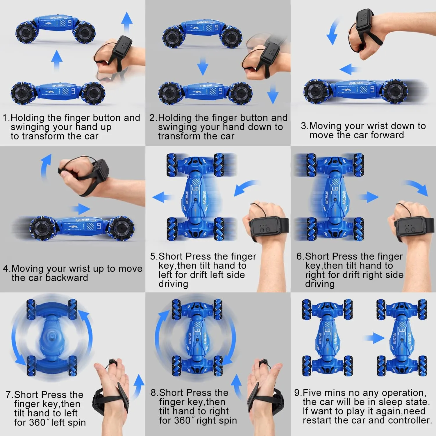 Upgraded Hand Gesture Sensing RC Stunt Car with Lights Music, Spray Drift Gesture RC Car 360° Spins All Terrains Hand Controlled Truck Toys for 6 7 8 9 10 Year Old Boys