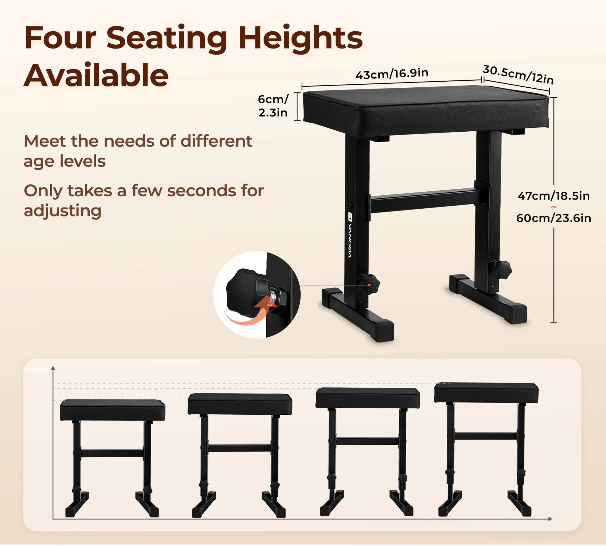 Vangoa Piano Bench Adjustable Stool, Music Keyboard Bench Seat for Piano Keyboard Stand with Black Padded Cushion Professional for Musicians, Heavy Duty Piano Stool Chair PU Leather, PB-1