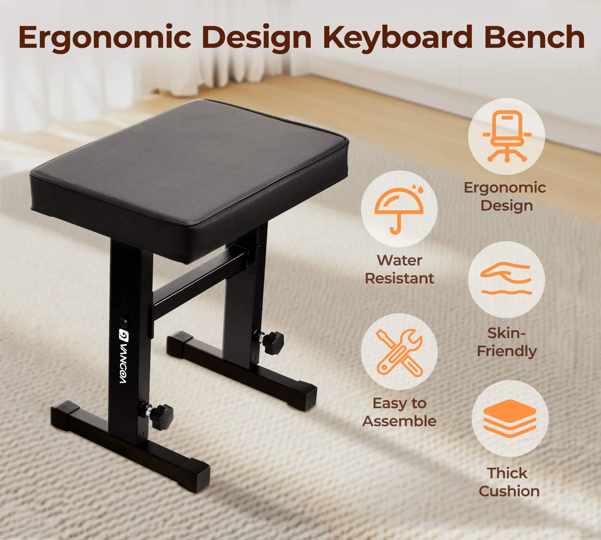 Vangoa Piano Bench Adjustable Stool, Music Keyboard Bench Seat for Piano Keyboard Stand with Black Padded Cushion Professional for Musicians, Heavy Duty Piano Stool Chair PU Leather, PB-1