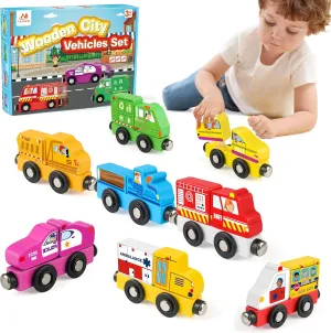 Vanmor 8 Pcs Magnetic Wooden Train Set with Removable Parts, City Vehicles for Toddlers 3-5, Montessori Fine Motor Skills Toy for Imaginative Play, Educational Gift for Kids