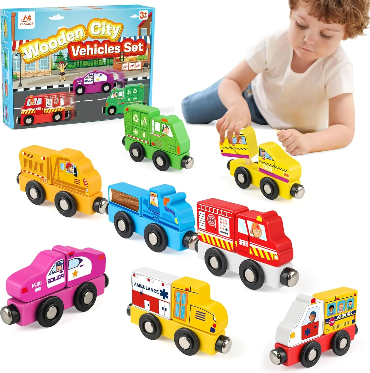 Vanmor 8 Pcs Magnetic Wooden Train Set with Removable Parts, City Vehicles for Toddlers 3-5, Montessori Fine Motor Skills Toy for Imaginative Play, Educational Gift for Kids