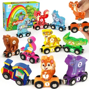 Vanmor Wooden Train Set for Toddlers, Magnetic Animal Number Train Toys for Ages3-5, Toddler Learning Toys, Fine Motor Skills Educational Toys, Preschool Activities, Toddler Boy Girl Gifts