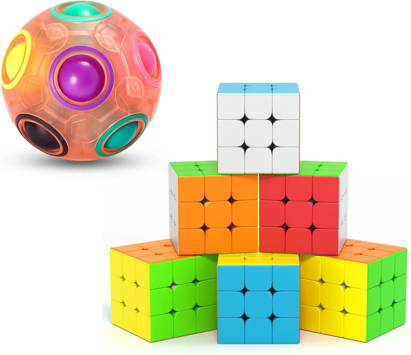 Vdealen Rainbow Puzzle Ball and 6 Pack 3x3x3 Stickerless Magic Cube Bundle