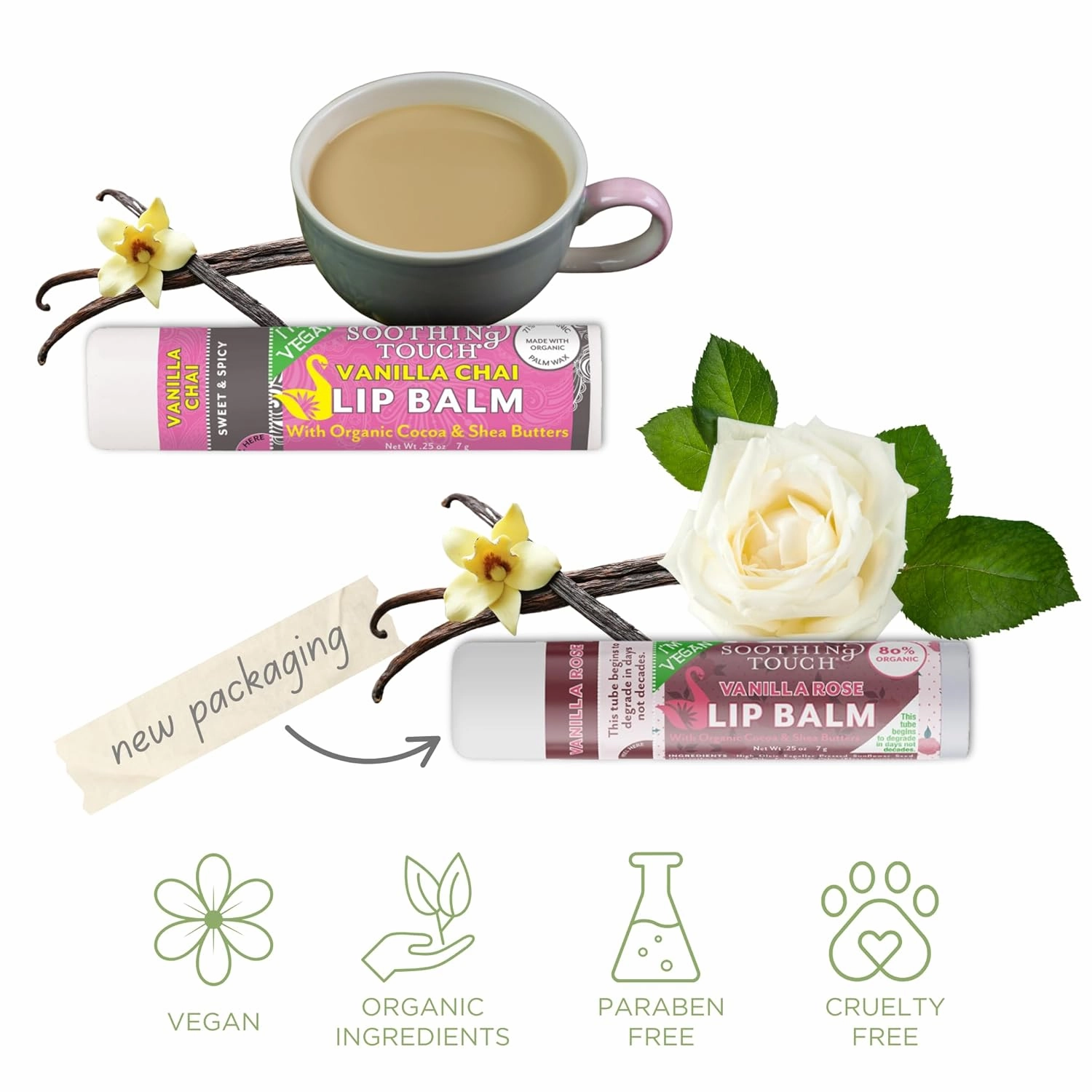 Vegan Lip Balm Set - Pack of 6 Soothing Touch Lip Balms. Plus Muslin Pouch and Lip Balm Holder Keychain (Blue): Lavender Coconut, Vanilla Chai, Vanilla Rose, Coconut Lime, Lemon Cardamom, Grapefruit
