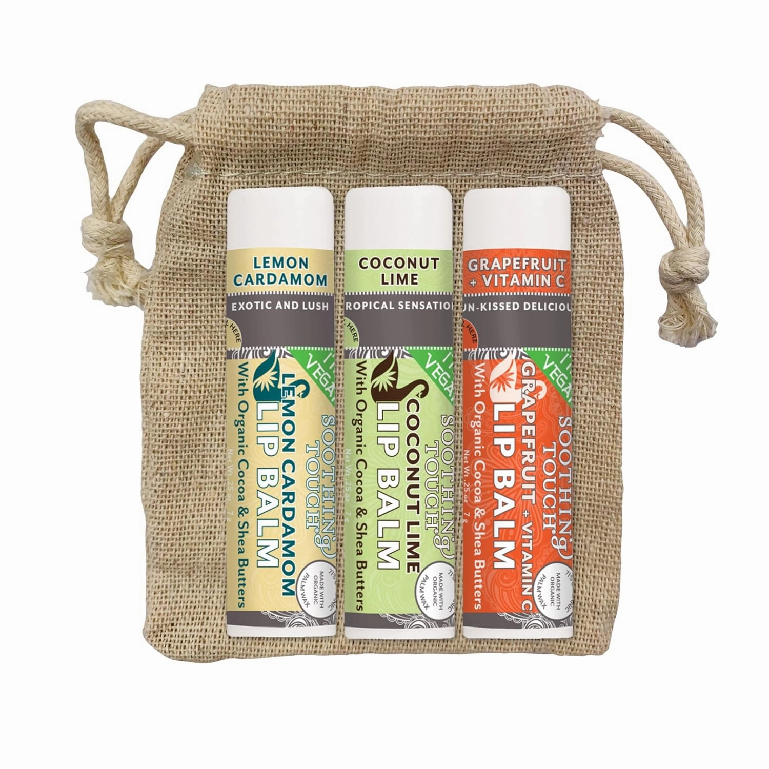 Vegan Lip Balm Set - Variety Pack of 3 Soothing Touch Lip Balms. Large 0.25 oz size. Includes Bonus Muslin Pouch (3 x 4 in) Unique Gift Bundle from Tiny Seed (Lemon Cardamom, Coconut Lime, Grapefruit)