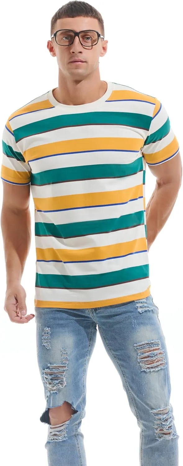 VEIISAR Men's Crewneck Striped T-Shirt Soft Elastic Cotton Tees