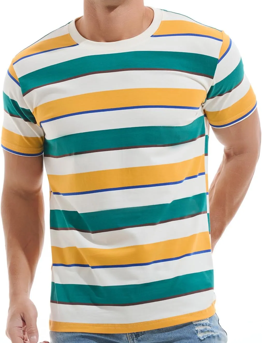 VEIISAR Men's Crewneck Striped T-Shirt Soft Elastic Cotton Tees