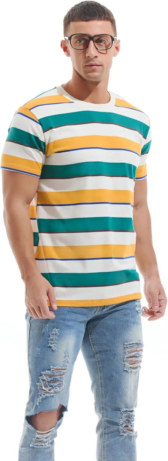 VEIISAR Men's Crewneck Striped T-Shirt Soft Elastic Cotton Tees