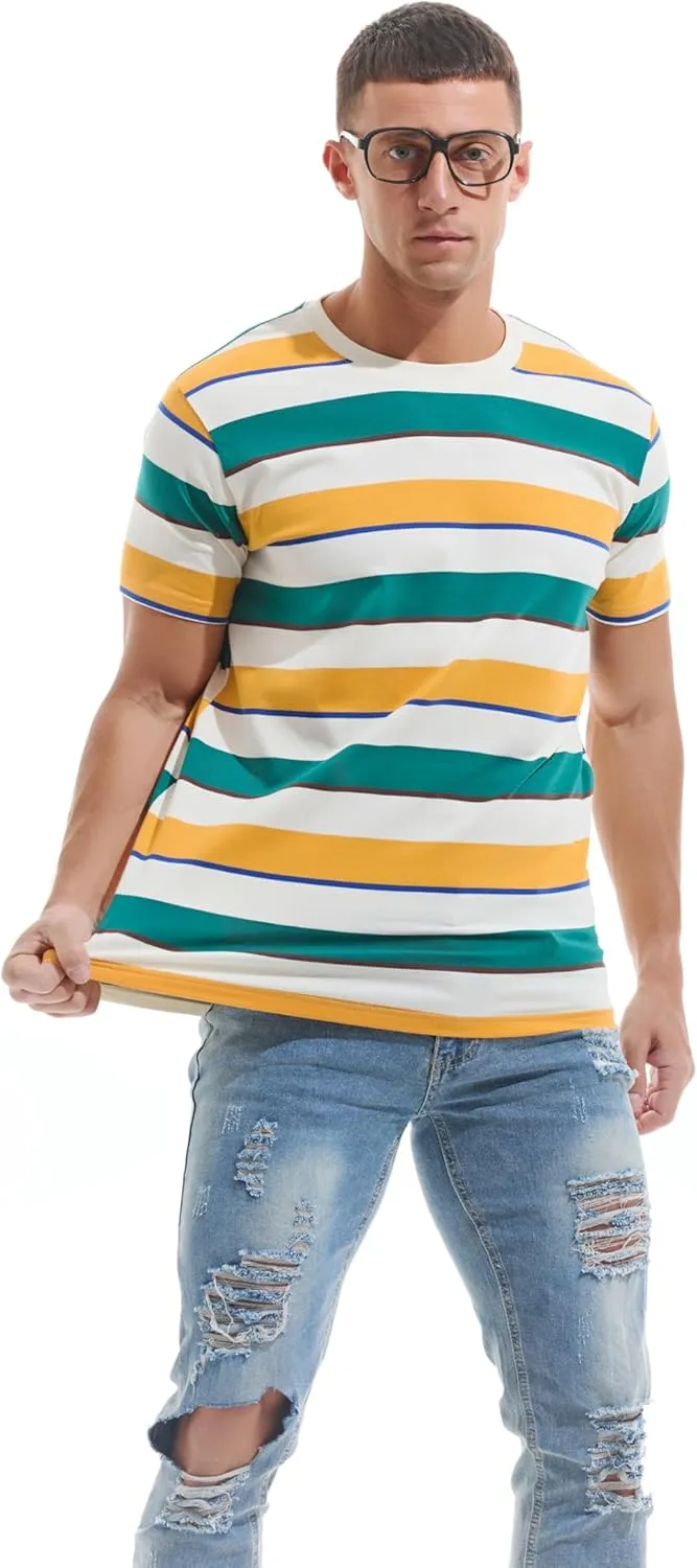 VEIISAR Men's Crewneck Striped T-Shirt Soft Elastic Cotton Tees
