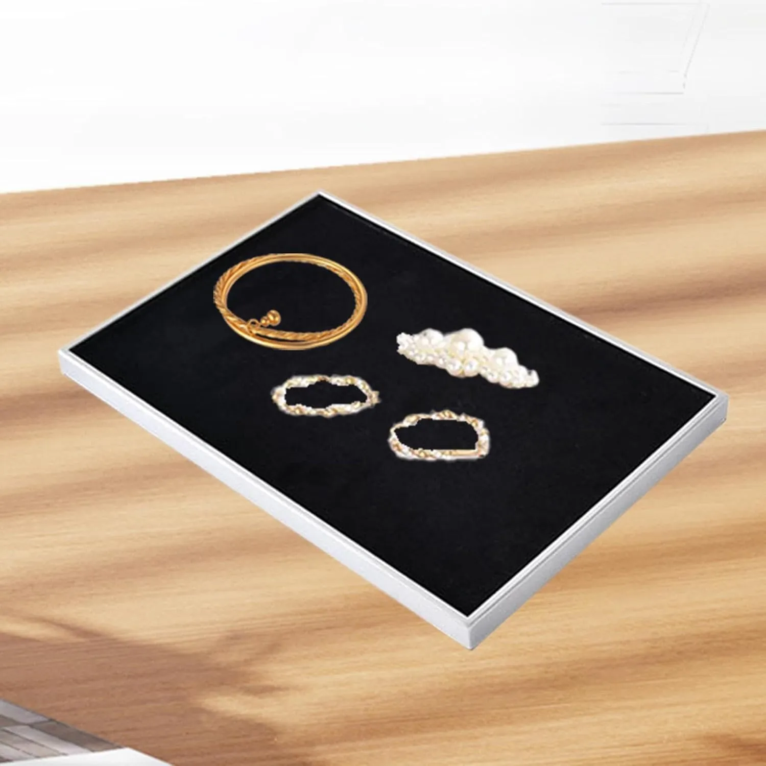 Velvet Jewelry Display Tray,Jewelry Holder Necklace Bracelet Rings Showcase for Rings Necklace Pendant Counter Drawer, Black