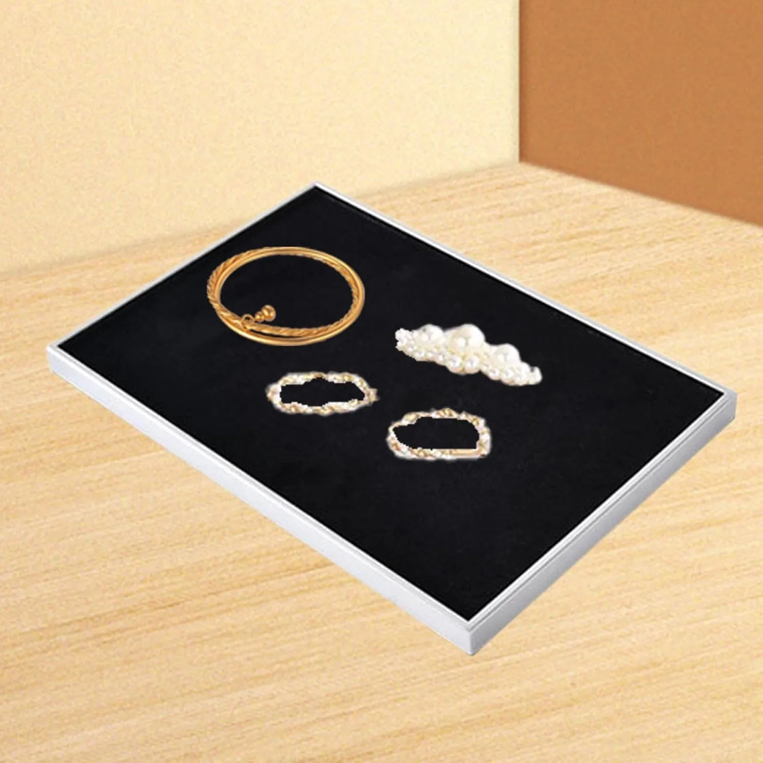 Velvet Jewelry Display Tray,Jewelry Holder Necklace Bracelet Rings Showcase for Rings Necklace Pendant Counter Drawer, Black