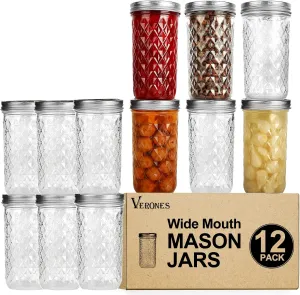 VERONES Wide Mouth Mason Jars 22oz, 12 Pack 22 oz Wide Mouth Mason Jars with Lids and Bands, Ideal for Jam, Honey, Wedding Favors, Shower Favors