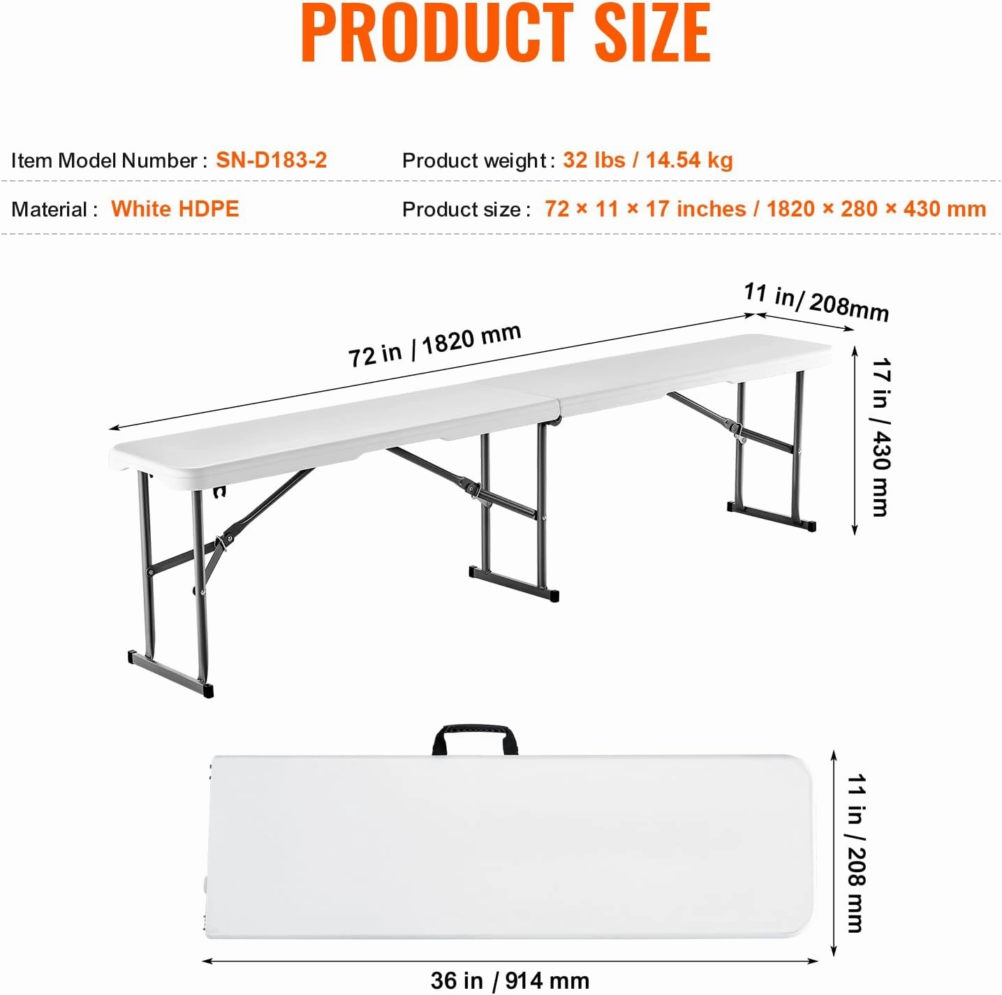 VEVOR Plastic Folding Bench, 6 FT Portable Folding Bench, Smooth HDPE Waterproof Outdoor Bench, Picnic Camping Dining Seat with Carrying Handle, for Garden Soccer Entertaining Activity, White (2 Pack)